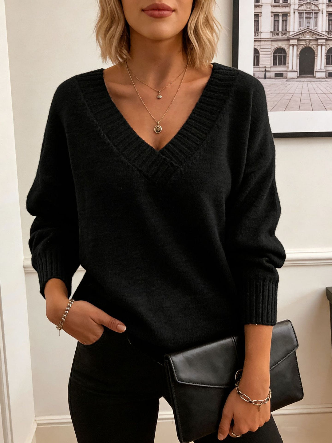 Damen Feinstrickpullover mit tiefem V-Ausschnitt und überschnittener Schulter Shop Nory