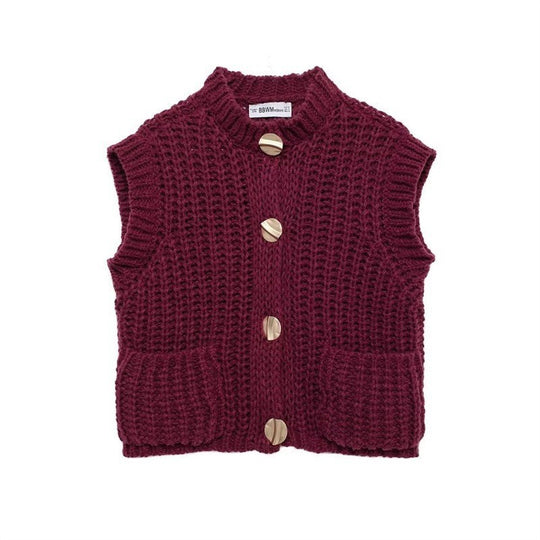 Damen grobgestrickte Woll-Boxy-Weste mit Zierknöpfen und Eingrifftaschen Shop Nory
