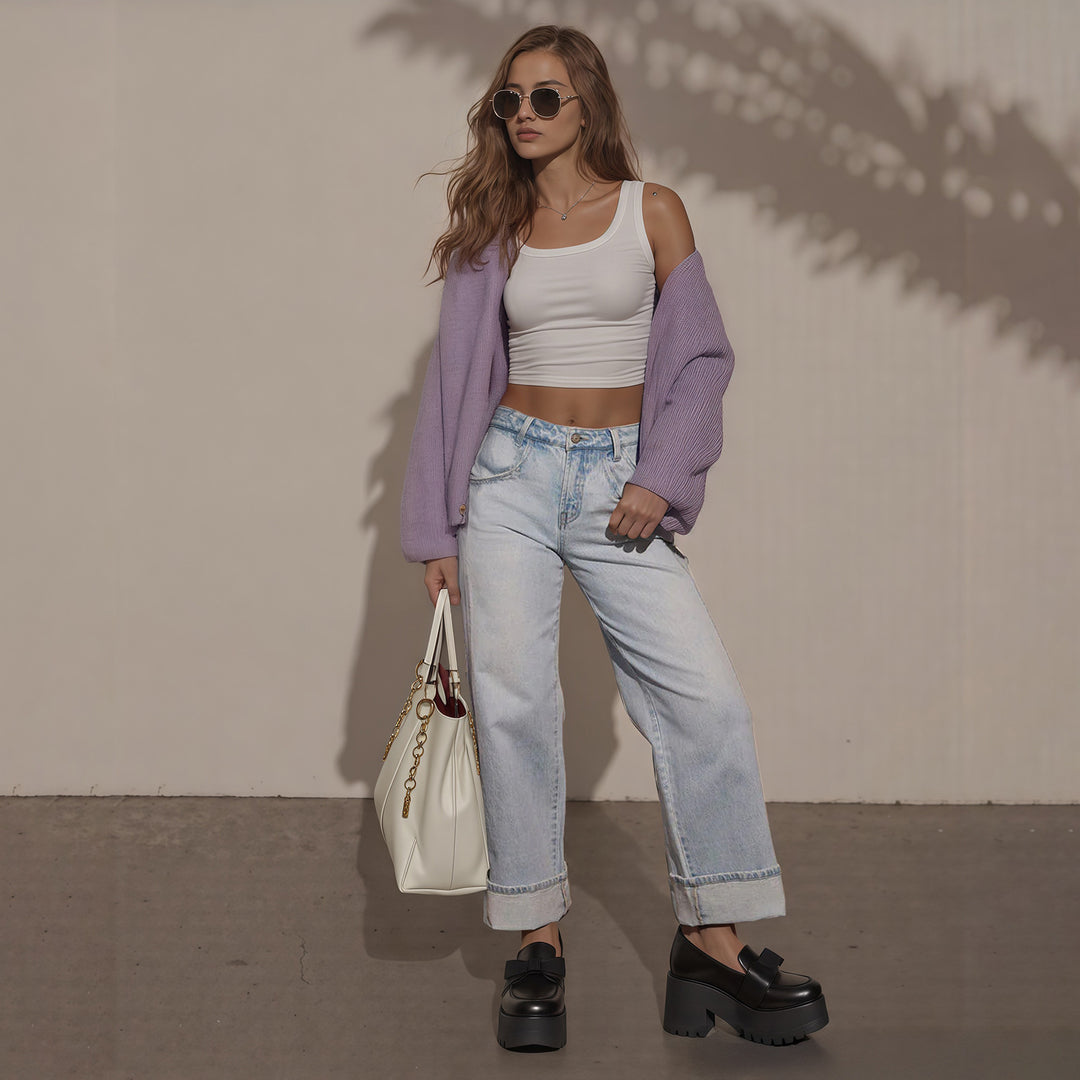 Damen Hochtaillierte weite Jeans mit extra breitem Umschlag Shop Nory