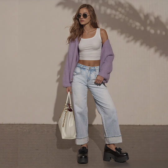 Damen Hochtaillierte weite Jeans mit extra breitem Umschlag Shop Nory
