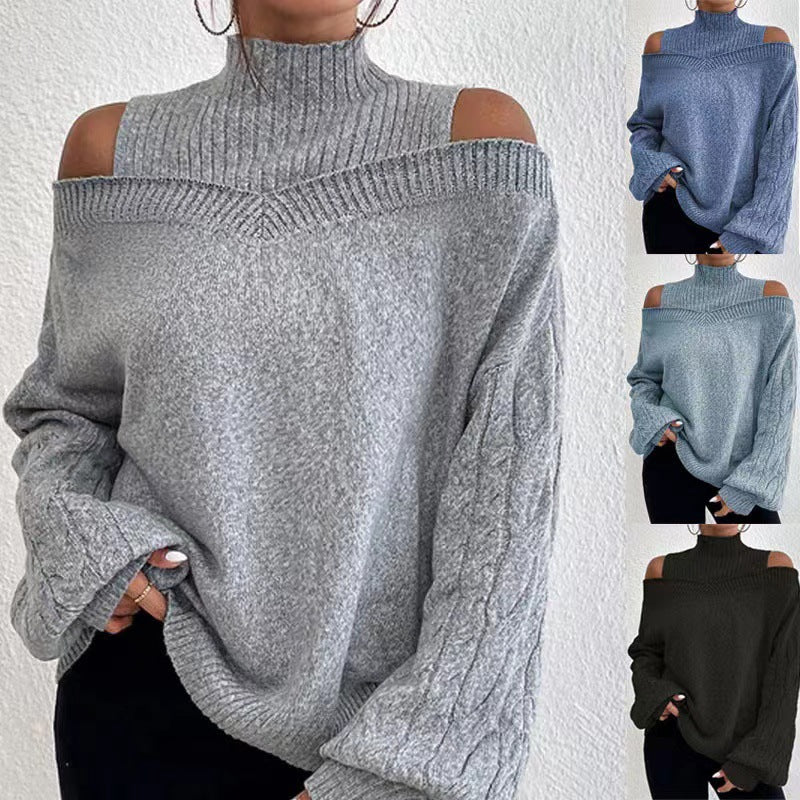Damen nan schulterfreier Strickpullover mit Stehkragen und Zopfmusterärmeln Shop Nory