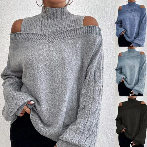 Damen nan schulterfreier Strickpullover mit Stehkragen und Zopfmusterärmeln Shop Nory