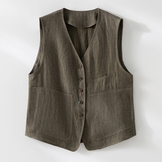 Damen Leinenweste mit V‑Ausschnitt, aufgesetzten Taschen und entspannter Passform Shop Nory