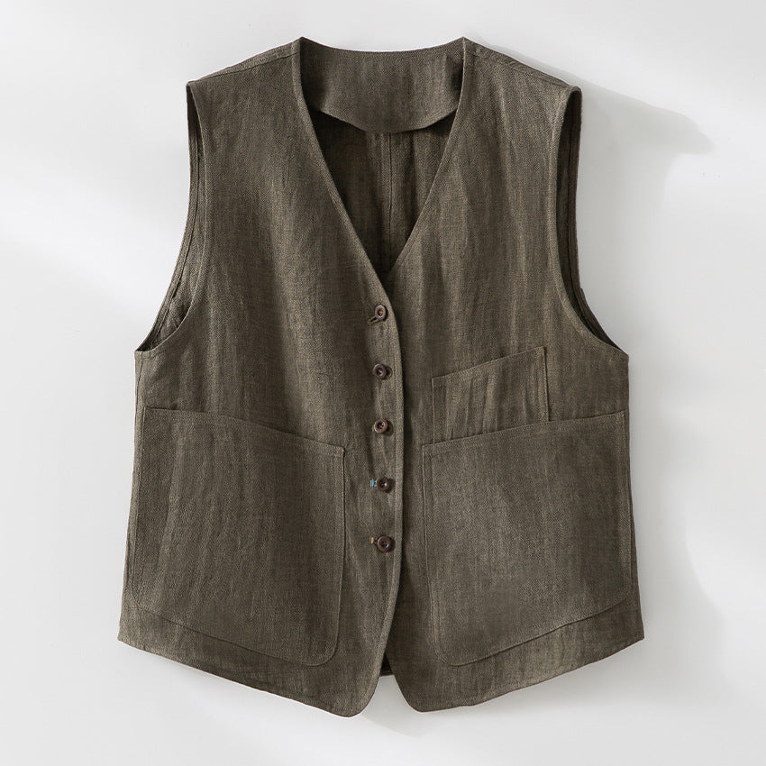 Damen Leichte Leinenweste im Utility-Look mit V-Ausschnitt und großen Aufgesetzten Taschen Shop Nory