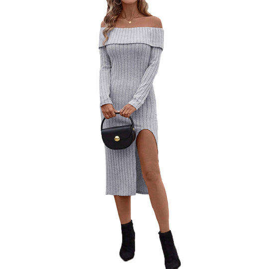 Damen figurschmeichelndes Rippstrick Midikleid mit Carmen-Ausschnitt, hohem Seitenschlitz und langem Ärmel Shop Nory