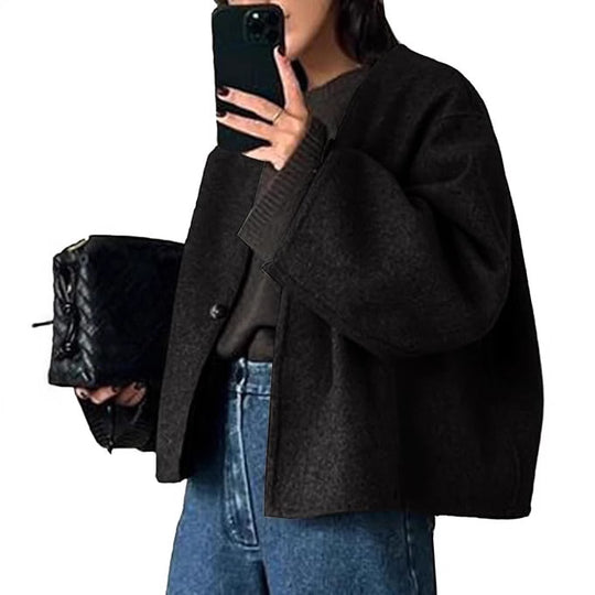 Damen Kurz geschnittene Oversize Wolljacke mit kastigem Schnitt und Ein-Knopf-Verschluss Shop Nory