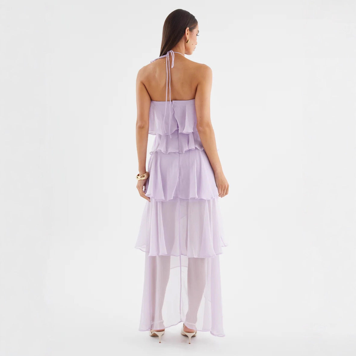 Damen Chiffon Maxikleid mit mehrschichtigen Rüschendetails Shopnory