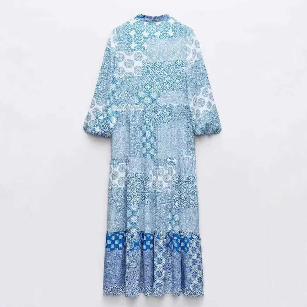 Damen Maxi‑Kleid im Patchwork‑Print mit V‑Ausschnitt, Stufenrock und 3/4‑Ärmeln Shop Nory