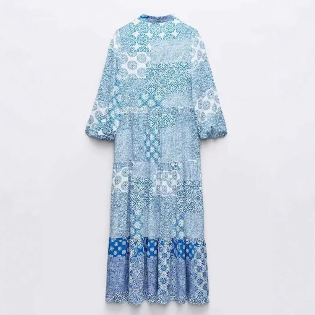 Damen Maxi‑Kleid im Patchwork‑Print mit V‑Ausschnitt, Stufenrock und 3/4‑Ärmeln Shop Nory
