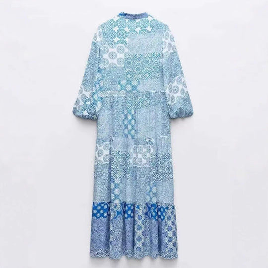 Damen Maxi‑Kleid im Patchwork‑Print mit V‑Ausschnitt, Stufenrock und 3/4‑Ärmeln Shop Nory