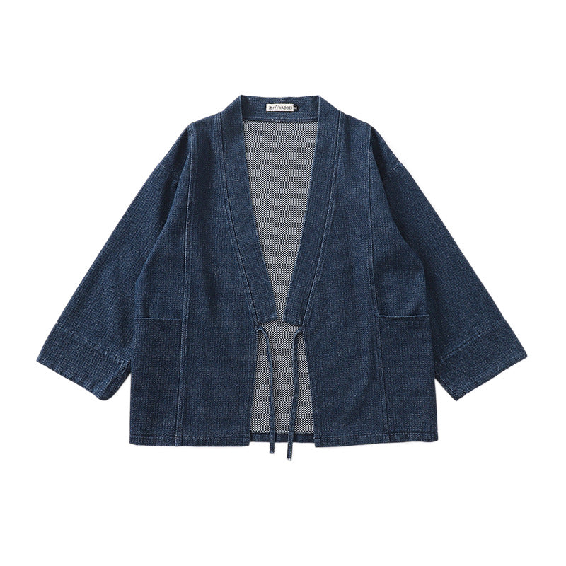 Unisex Jeans-Kimono-Jacke mit Bindegürtel und aufgesetzten Taschen Shop Nory