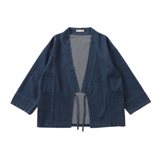 Unisex Jeans-Kimono-Jacke mit Bindegürtel und aufgesetzten Taschen Shop Nory