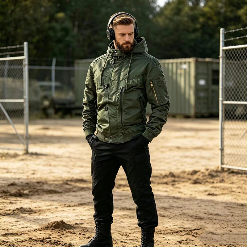 Herren Militärinspirierte Kapuzen-Bomberjacke mit Utility-Taschen Shop Nory