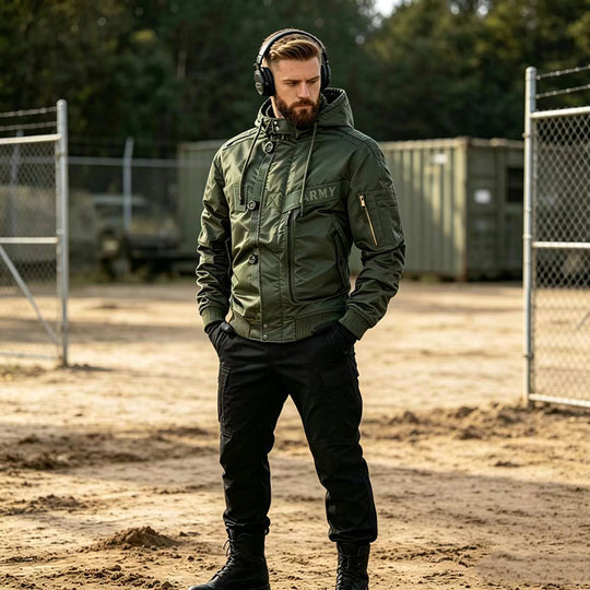 Herren Militärinspirierte Kapuzen-Bomberjacke mit Utility-Taschen Shop Nory
