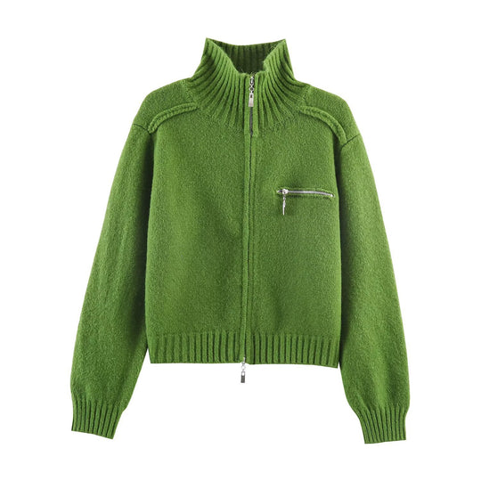 Damen Grobgestrickte Reißverschluss‑Strickjacke mit hohem Rippkragen und Brusttasche Shop Nory