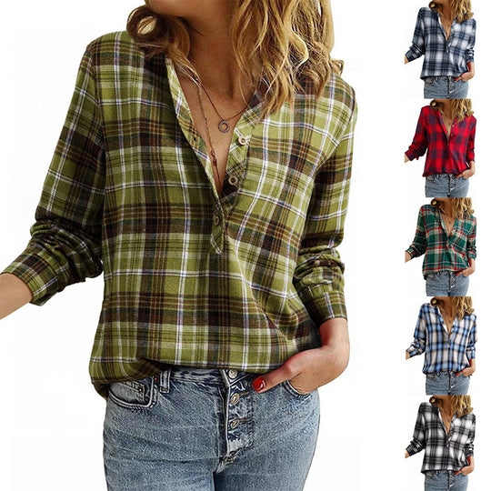 Damen Karo-Bluse im Oversize-Look mit V-Ausschnitt Knopfleiste und gerundetem Saum Shop Nory