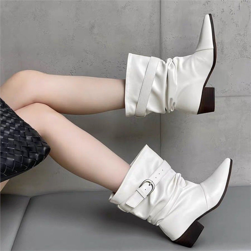 Damen Mid‑Calf Slouch Westernstiefel mit spitzer Zehenpartie, gerafftem Schaft und Zierschnalle Shop Nory