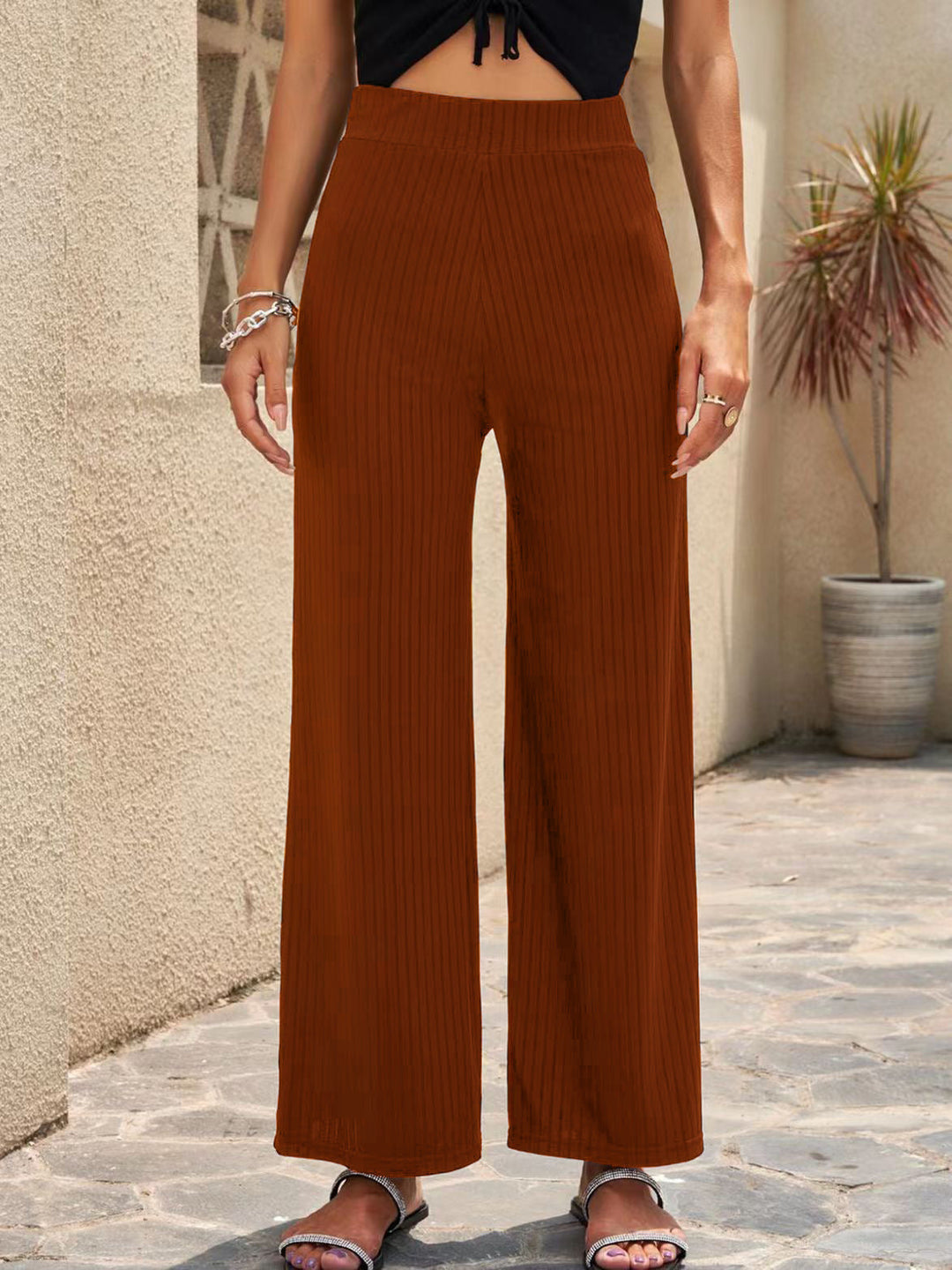 Damen Weite, gestreifte Plisseehose mit hohem Bund und elastischem Taillenbund