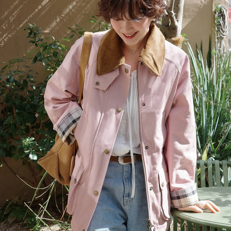 Damen Übergangsjacke mit Cordkragen, Karo-Innenmanschetten und aufgesetzten Taschen Shop Nory