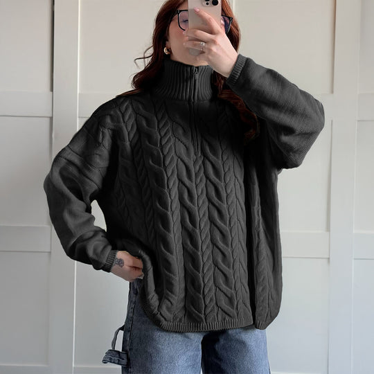 Damen nan oversized Zopfmuster-Troyer mit halbem Reißverschluss, hohem Stehkragen und gerundetem Saum Shop Nory