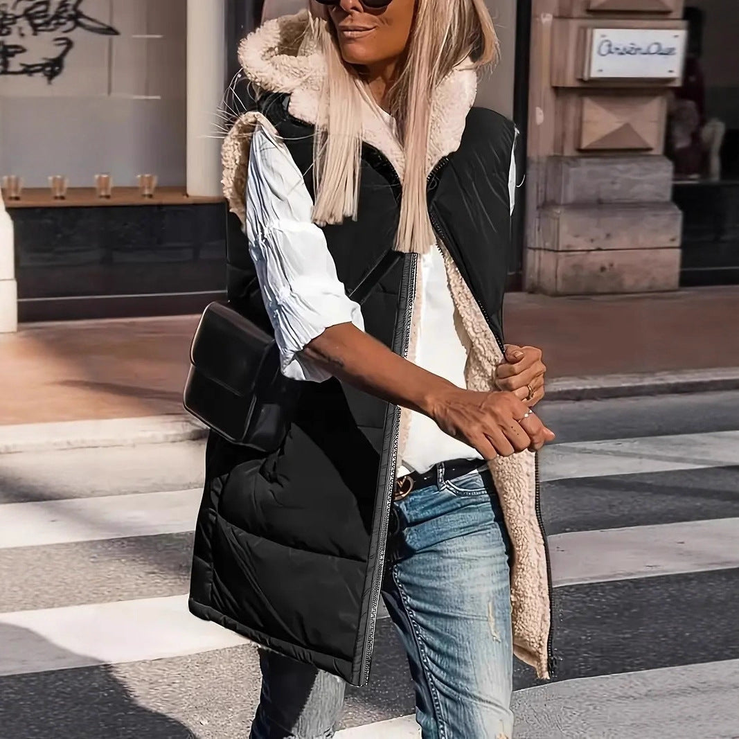 Damen Wattierte Kapuzenweste mit Teddyfutter und Seitentaschen Shop Nory