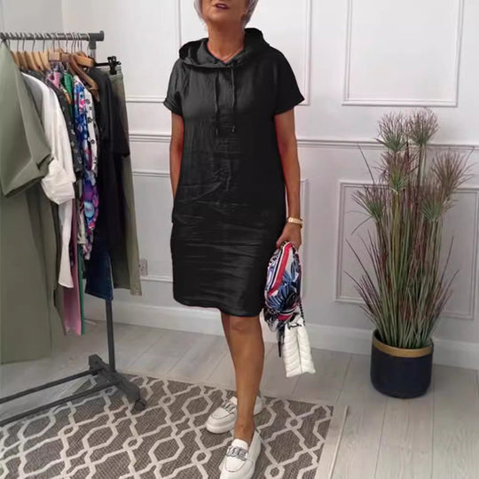 Damen nan legeres Kapuzenkleid mit kurzem Ärmel, geradem Schnitt und Kordelzug