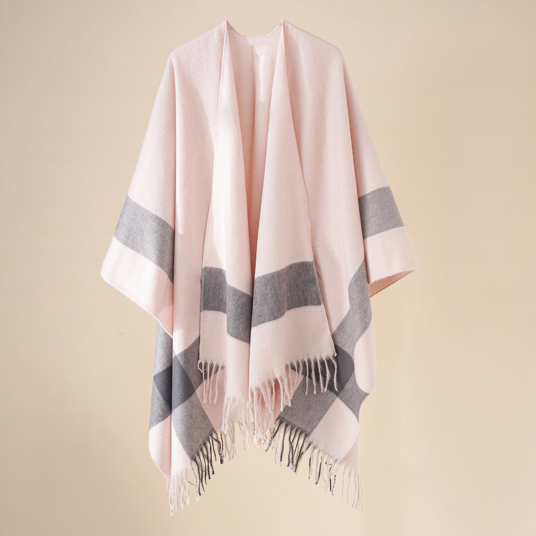 Damen Weit geschnittener Karierter Poncho mit Fransen und V‑Ausschnitt Shop Nory