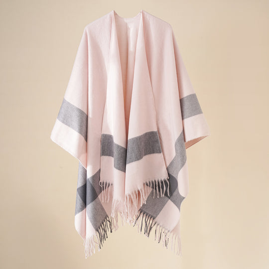 Damen Weit geschnittener Karierter Poncho mit Fransen und V‑Ausschnitt Shop Nory