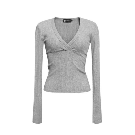Damen Enganliegendes Rippstrick-Wickeloberteil mit tiefem V-Ausschnitt Shop Nory