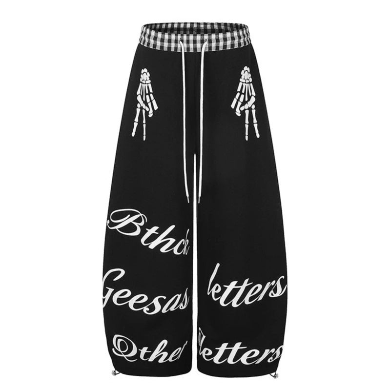 Damen Extraweite Palazzo-Sweathose mit Karo-Komfortbund, Tunnelzug und Skelett-Print Shop Nory