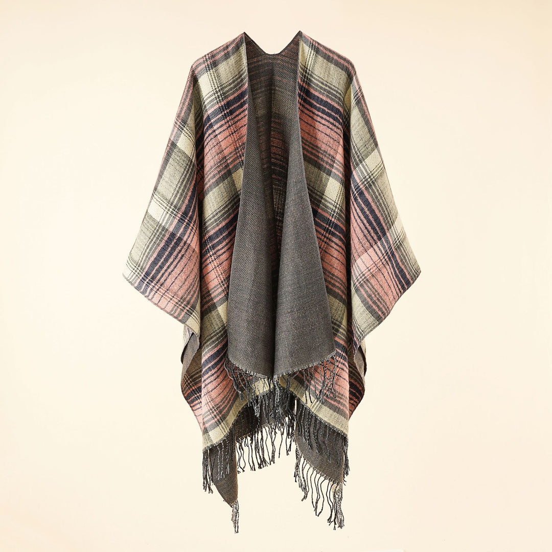 Damen Kastiger Plaid-Ruana aus leichtem Wollmix mit dekorativem Fransensaum Shop Nory