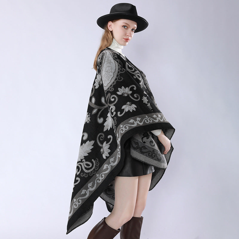 Damen Wollmix-Poncho-Umhang mit Paisley-Jacquard und Ziernaht Shop Nory