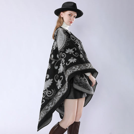 Damen Wollmix-Poncho-Umhang mit Paisley-Jacquard und Ziernaht Shop Nory