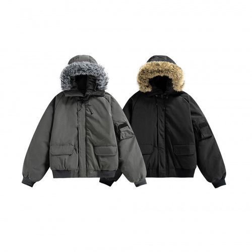 Unisex Wattierte Bomberjacke mit Kunstfellkapuze, geripptem Saum und Utility-Taschen Shop Nory