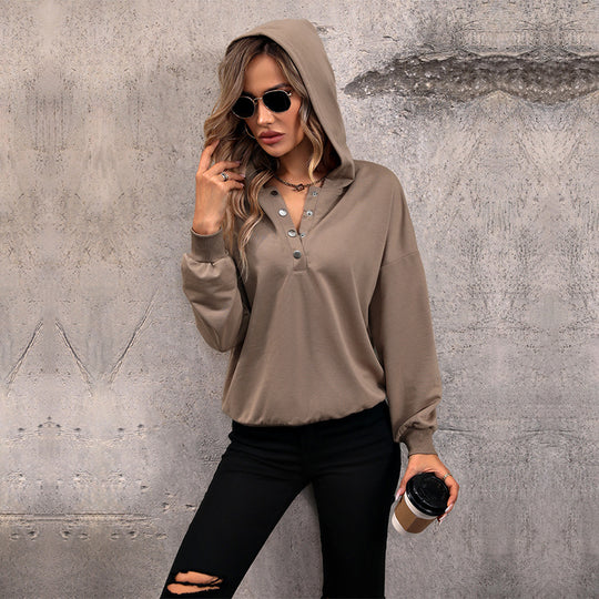 Damen Lässiges Kapuzen-Henley-Sweatshirt mit Druckknopfleiste und Gummizug-Saum Shop Nory