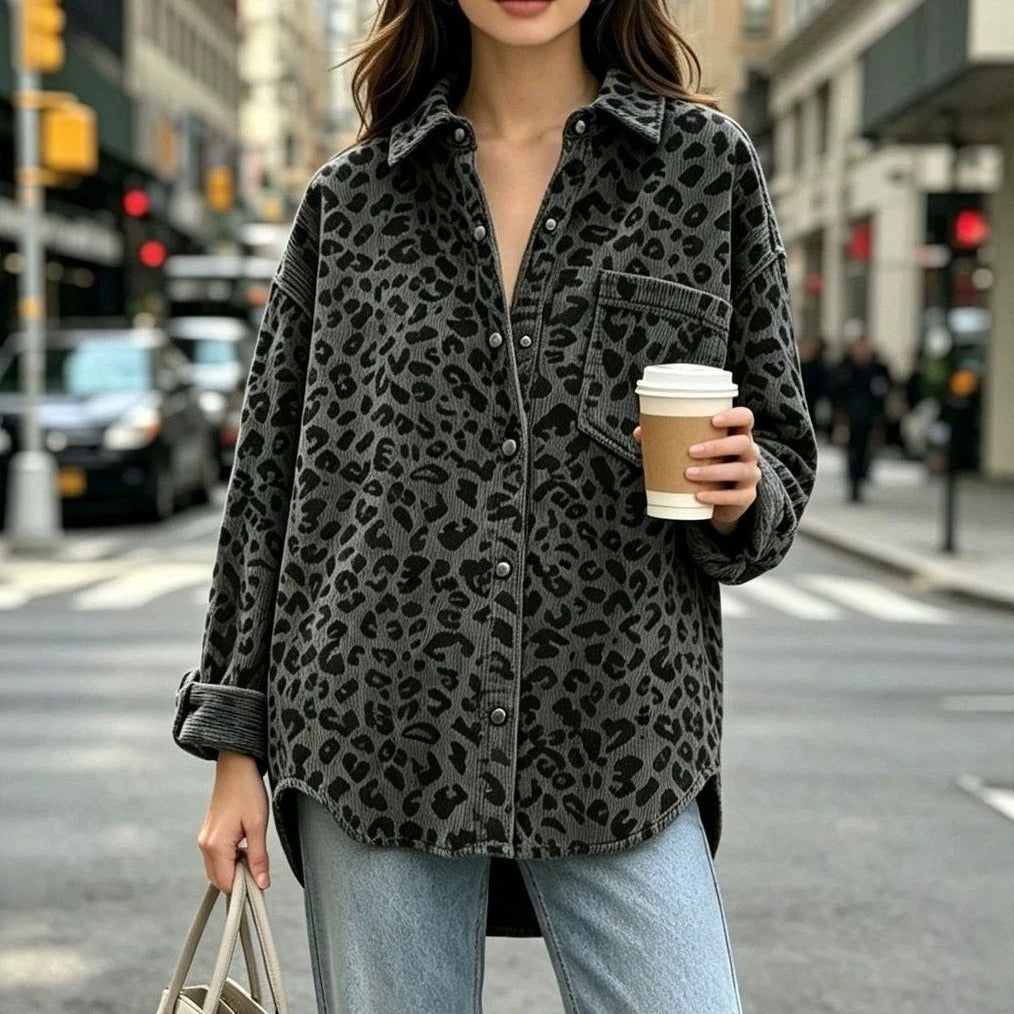 Damen Oversize Cord-Hemdenjacke mit Leopardenmuster und Druckknöpfen Shop Nory