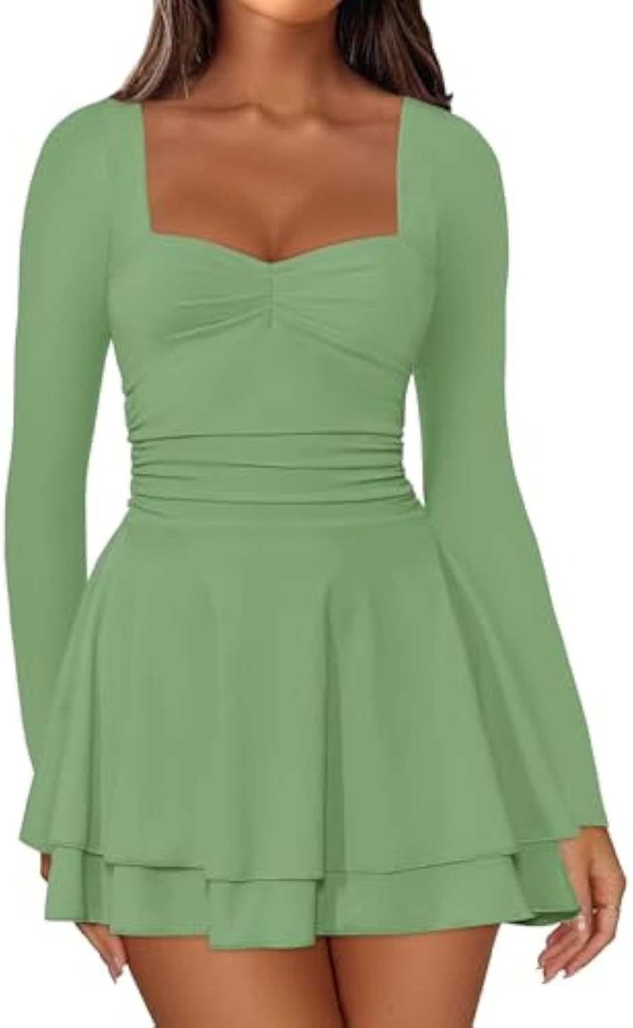Damen Langarm-Minikleid mit quadratischem Ausschnitt, taillierter Raffung und zweilagigem Volantrock Shop Nory