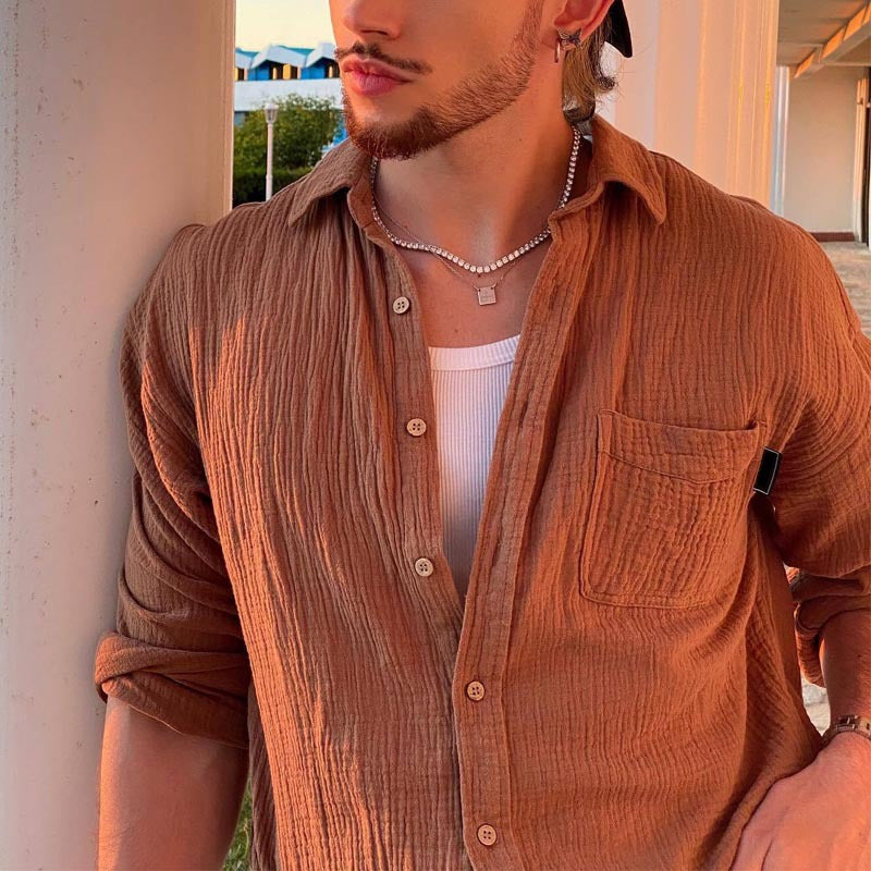 Herren Texturiertes Baumwoll-Gauze-Hemd mit Brusttasche und Relaxed Fit Shop Nory