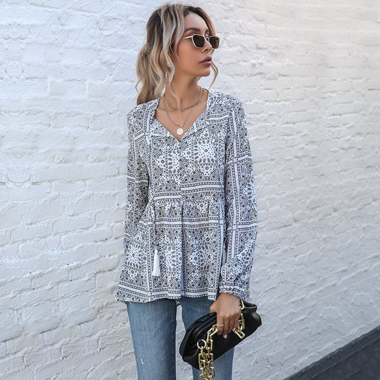 Damen V-Ausschnitt-Tunika mit Paisley-Bandana-Print, QuastenbindShop Noryand und Stufenrock Shop Nory