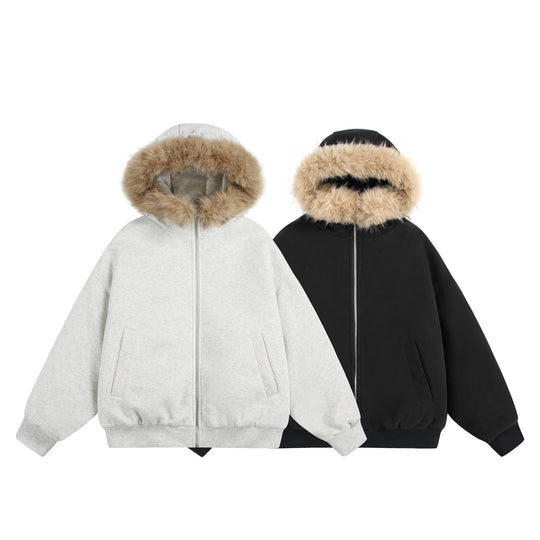 Damen Kurzboxy Kapuzenblouson aus French‑Terry mit voluminöser Kunstfellkante Shop Nory