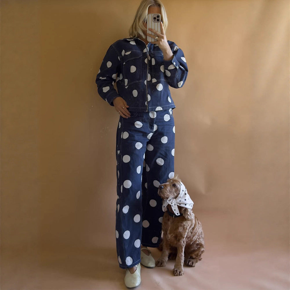 Damen weite Cargo-Hose mit hoher Taille, Punkteprint und sichtbaren Kontrastnähten Shop Nory