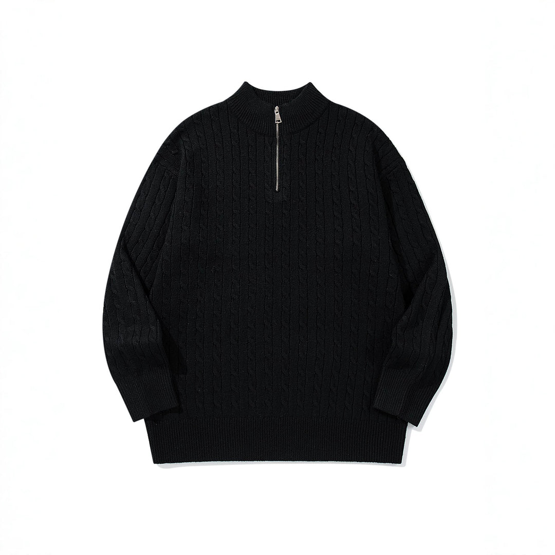 Unisex Zopfmuster-Halbzip-Strickpullover mit hohem Rippkragen und längerem Saum Shop Nory