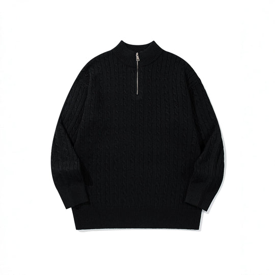 Unisex Zopfmuster-Halbzip-Strickpullover mit hohem Rippkragen und längerem Saum Shop Nory