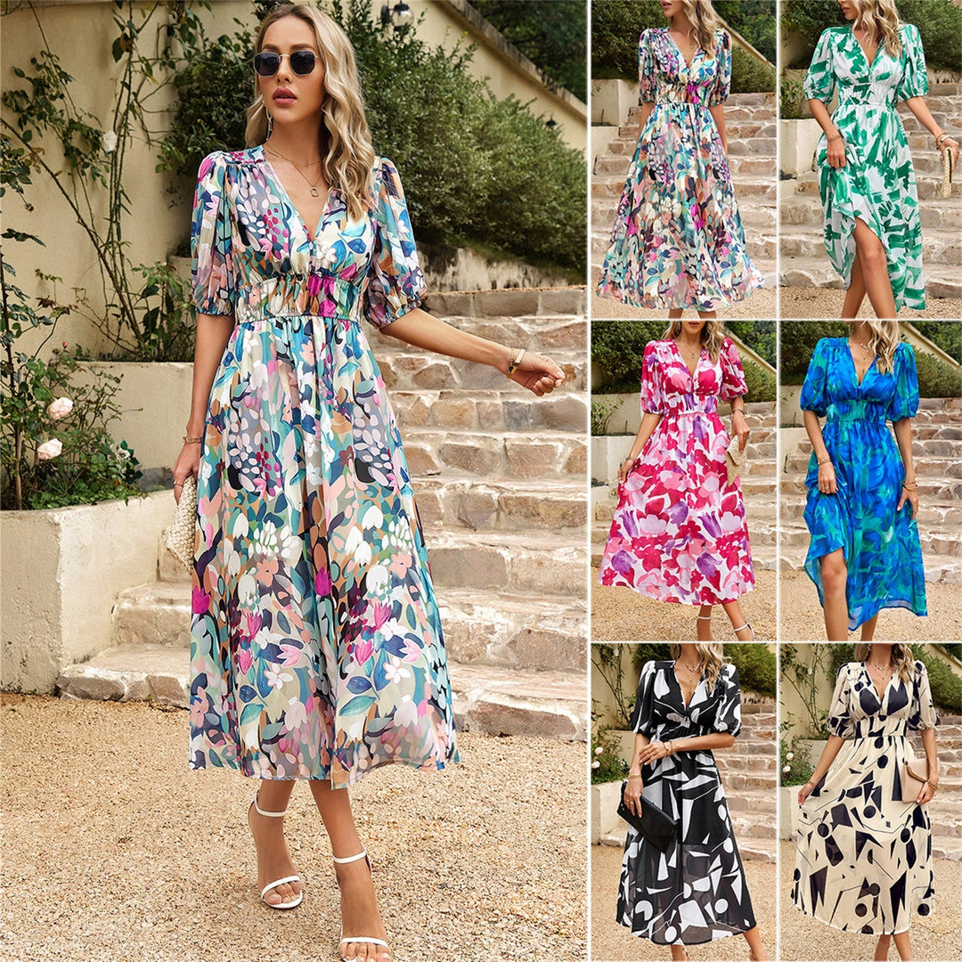 Damen Maxi Kleid mit 3/4-Ärmeln und floralem Design