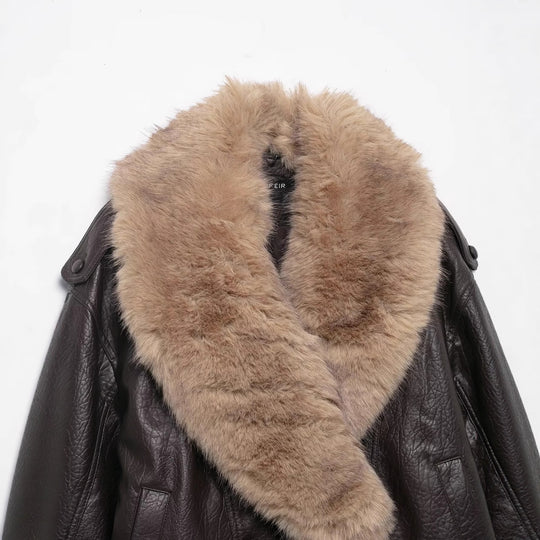 Damen Kurze Lederblousonjacke mit XXL-Fellkragen Shop Nory