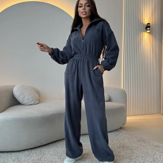 Damen Oversized Loungewear-Jumpsuit mit halbem Reißverschluss und elastischer Taillenraffung Shop Nory