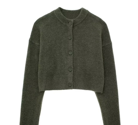 Damen Kurze Strickjacke mit Knopfleiste und Elegantem Rundhalsausschnitt Shopnory