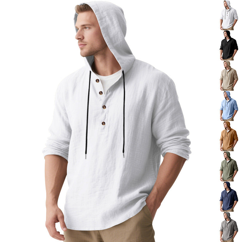 Herren nan lässiges Leinen-Henley mit Kapuze, Kordelzug und Dreiknopfleiste
