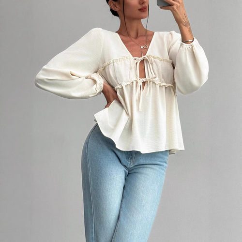 Damen Babydoll-Blusentop mit doppeltem Bindesystem und Ballonärmeln Shop Nory
