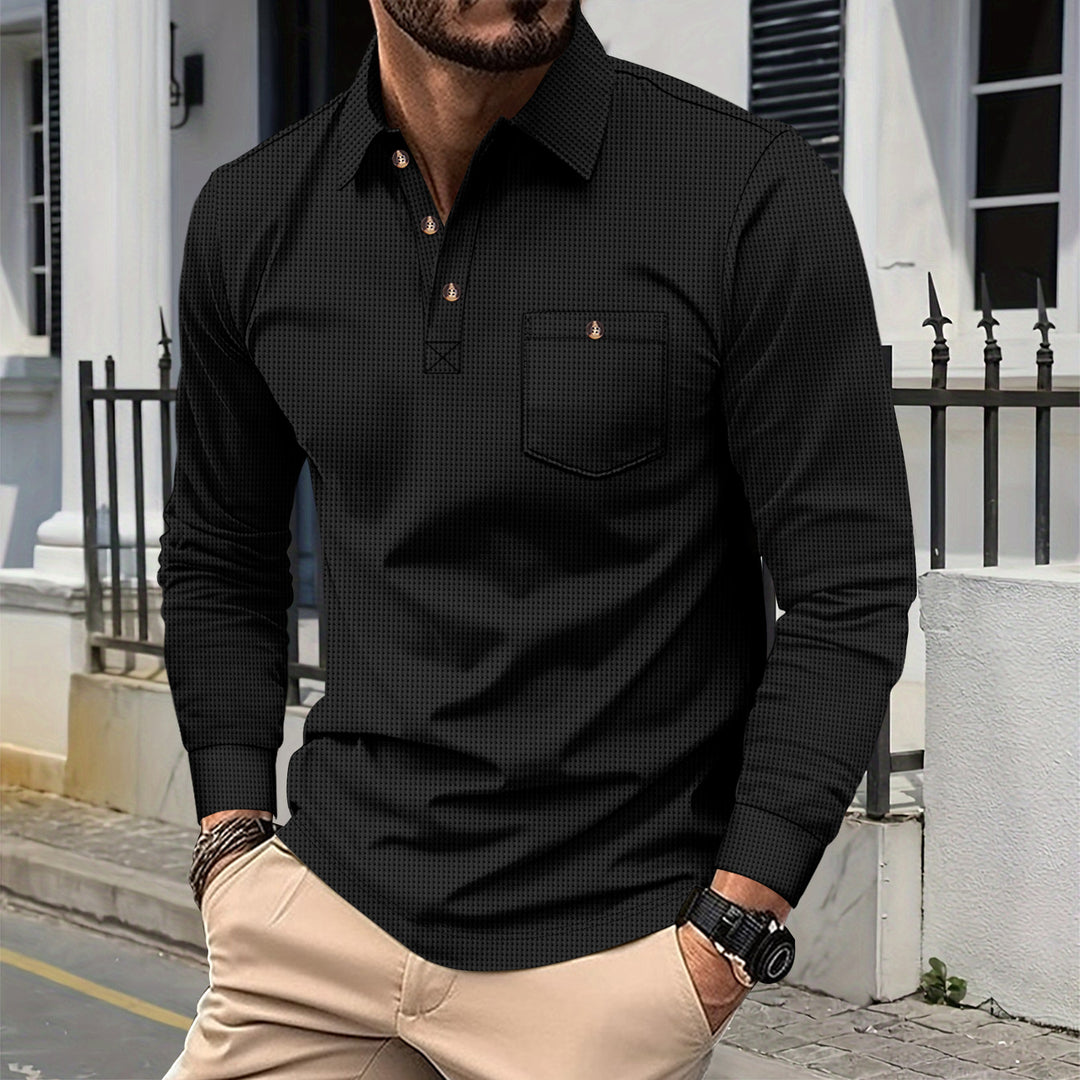 Herren nan strukturierter Langarm-Polo mit Brusttasche und Hemdkragen Shop Nory